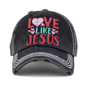 Womens Cross Love Like Jesus Pink Hearts Baseball Cap Hat in Distressed Black